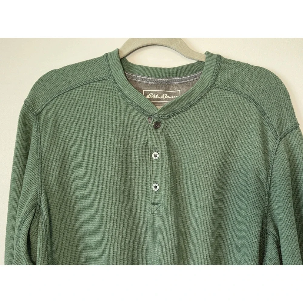 Eddie Bauer Mens Waffle Knit Henley Thermal Shirt Sz Large Green Outdoors Layer